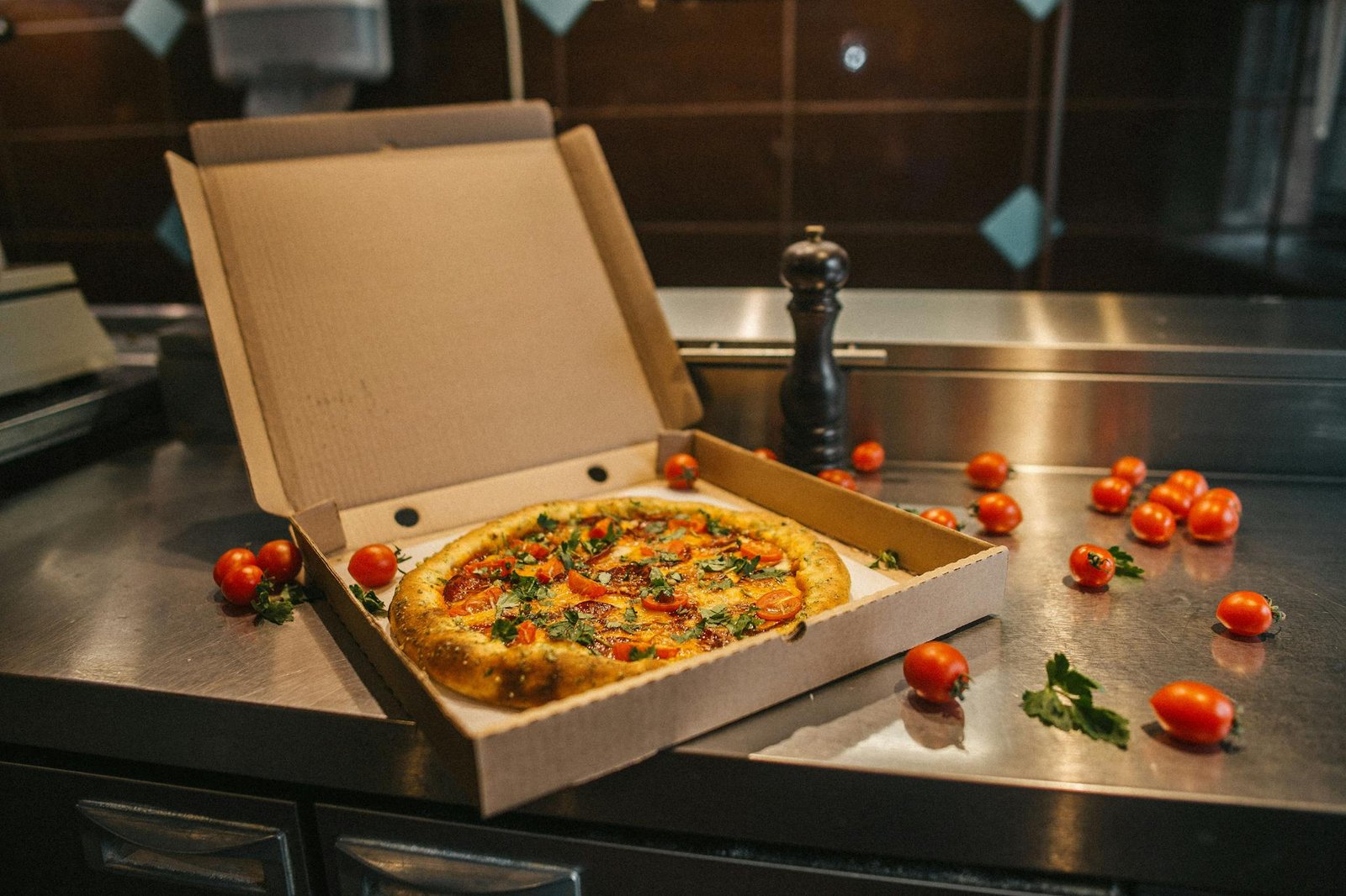 Open pizza box with fresh tomatoes on a kitchen counter, a perfect culinary scene.